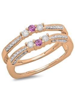 Collection 14K Gold Round Pink Sapphire & White Diamond Ladies Anniversary Wedding Band Enhancer Guard Double Ring