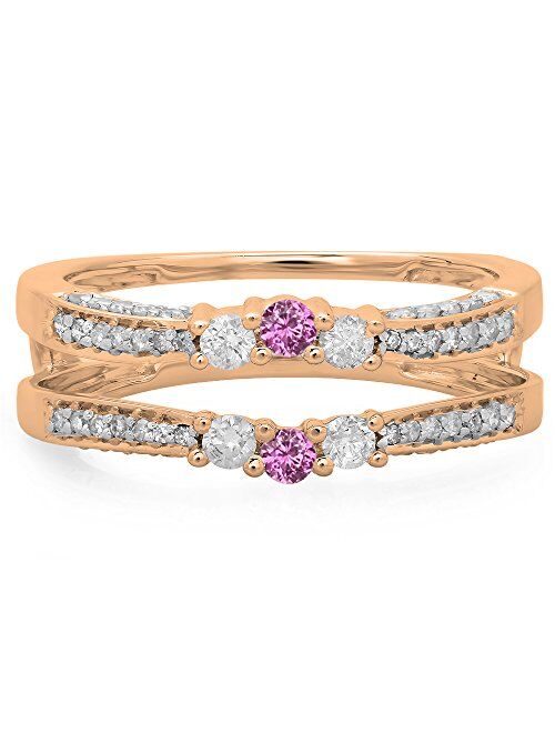 Dazzlingrock Collection 14K Gold Round Pink Sapphire & White Diamond Ladies Anniversary Wedding Band Enhancer Guard Double Ring