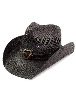 Rising Phoenix Industries Cute Comfy Flex Fit Woven Beach Cowboy Hat, Western Cowgirl Hat with Wood Heart on Hatband