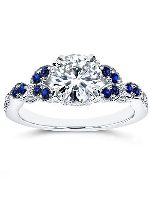 Kobelli Antique Style Moissanite and Blue Sapphire Engagement Ring Accents 1 1/5 CTW 14k White Gold