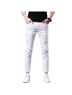 Junmin Micro-Elastic Mid-Rise White Casual 9-Point Pants Washed Youth Jeans (Size : Medium)