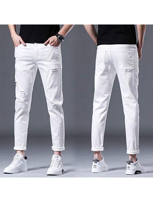 Junmin Micro-Elastic Mid-Rise White Casual 9-Point Pants Washed Youth Jeans (Size : Medium)