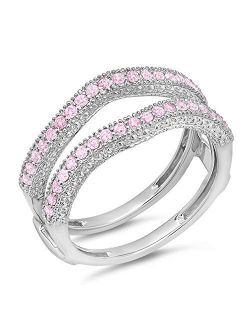 Collection 0.45 Carat (ctw) 14k Gold Pink Sapphire Diamond Ladies Wedding Band Millgrain Guard Double Ring 1/2 CT