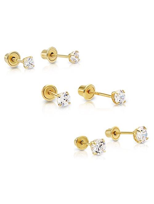 Art And Molly 14k Gold Solitaire Round Cubic Zirconia Stud 3 Pair Earring Set (3mm, 4mm, 5mm)