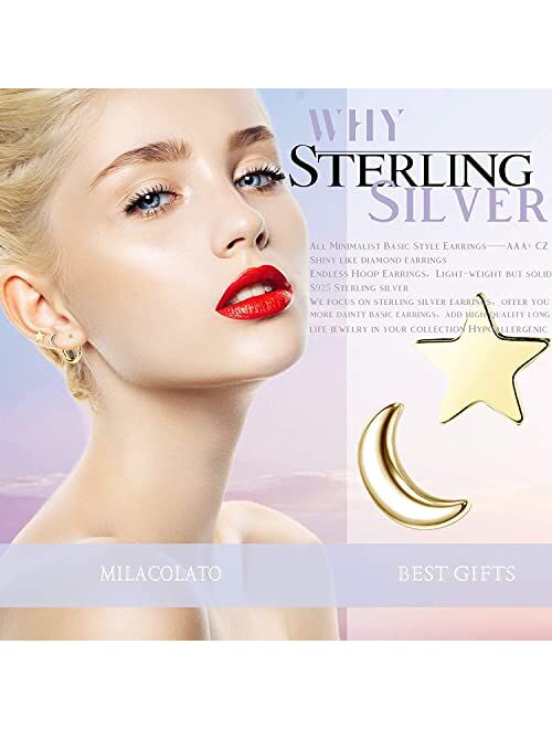 Milacolato 8 Pairs Sterling Silver Stud Earrings Set for Women Ball Dot CZ Star Moon Bar Tiny Earring Small Hoop Cartilage Earrings Set