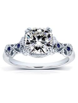 Antique Style Cushion-cut Moissanite (GH) Engagement Ring with Blue Sapphire 1-3/4ct TGW 14k White Gold