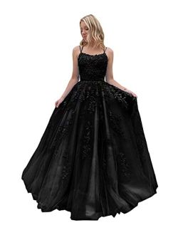 Fair Lady Lace Tulle Prom Dresses Long Spaghetti Appliques Ball Gowns A-Line Formal Party Evening Gowns for Women with Train