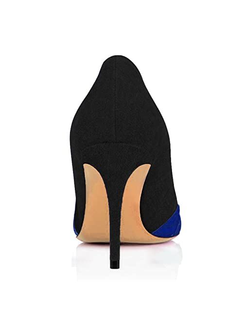 FOWT Women Kitten Heels Pumps High Heel Pointed Toe Pump Slip-on Suede Leather Rainbow Shoes for Dress Party Girl Ladies Size 4-16 M US