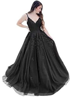 VinBridal Formal Spaghetti Straps Lace Prom Dresses Long Tulle Formal Party Ball Gowns for Women Evening Dresses