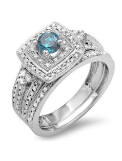 Collection 0.75 Carat (Ctw) 10k Round Blue And White Diamond Ladies Bridal Engagement Ring Set 3/4 CT, White Gold