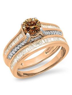 Collection 1.25 Carat (ctw) 14K Gold Round & Baguette Champagne & White Diamond Bridal Engagement Ring Set 1 1/4 CT