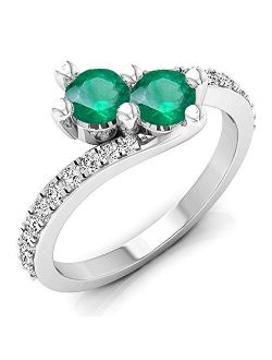 Collection 14K Gold Round Emerald & White Diamond Ladies Two Stone Bypass Style Bridal Engagement Ring