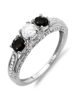 Collection 1.00 Carat (ctw) 14k Round White & Black Diamond Ladies Vintage Bridal 3 Stone Engagement Ring, White Gold