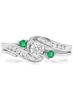 Collection 10K Round Emerald & White Diamond Ladies Swirl Bridal Engagement Ring Matching Band Set, White Gold