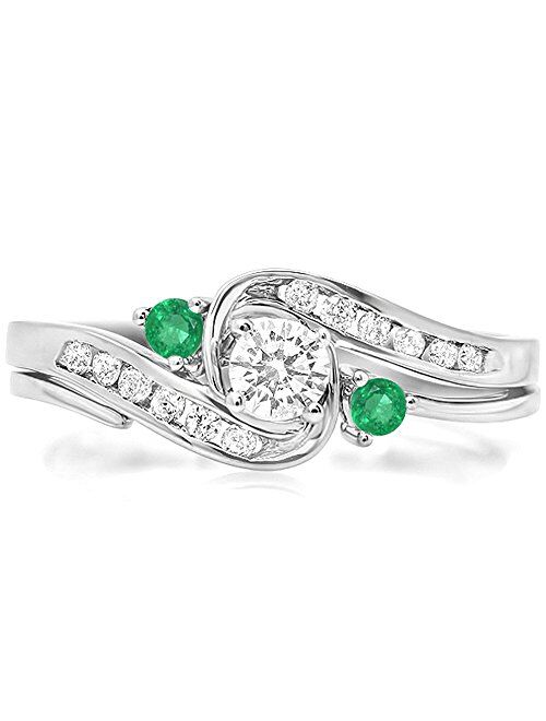 Dazzlingrock Collection 10K Round Emerald & White Diamond Ladies Swirl Bridal Engagement Ring Matching Band Set, White Gold