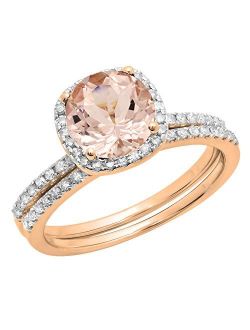 Collection 10K Gold Round Morganite & White Diamond Ladies Bridal Halo Engagement Ring with Matching Band Set