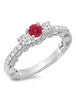 Collection 14K Gold Round Ruby & White Diamond Ladies Bridal Vintage 3 Stone Engagement Ring