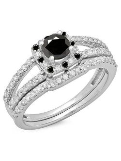 Collection 1.00 Carat (ctw) 14K Gold Round Black & White Diamond Split Shank Halo Bridal Engagement Ring Set 1 CT