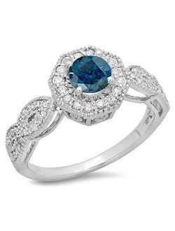 Collection 1.15 Carat (ctw) 14K Gold Round Blue & White Diamond Ladies Bridal Vintage Style Halo Engagement Ring