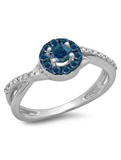 Collection 0.50 Carat (ctw) 10K Gold Round Cut Blue & White Diamond Split Shank Bridal Halo Engagement Ring 1/2 CT