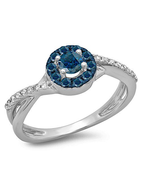 Dazzlingrock Collection 0.50 Carat (ctw) 10K Gold Round Cut Blue & White Diamond Split Shank Bridal Halo Engagement Ring 1/2 CT