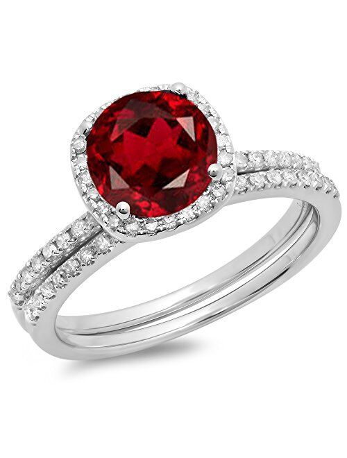 Dazzlingrock Collection 10K Gold Round Cut Garnet & White Diamond Ladies Bridal Halo Engagement Ring with Matching Band Set