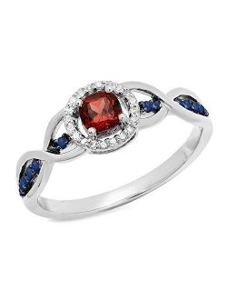 Collection 14K Gold Cushion Garnet & Round Blue Sapphire & White Diamond Swirl Bridal Engagement Ring