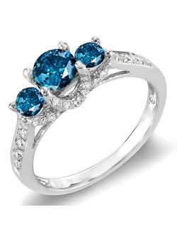 Collection 1.50 Carat (ctw) 14K Round White and Blue Diamond 3 Stone Ladies Bridal Engagement Ring, White Gold