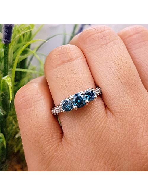 Dazzlingrock Collection 1.50 Carat (ctw) 14K Round White and Blue Diamond 3 Stone Ladies Bridal Engagement Ring, White Gold