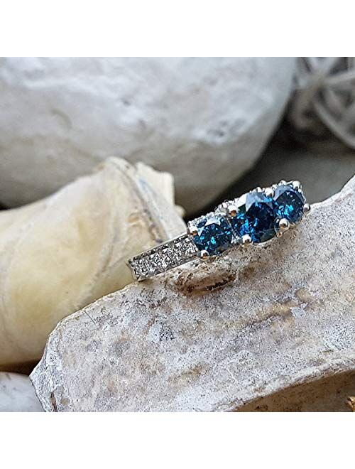 Dazzlingrock Collection 1.50 Carat (ctw) 14K Round White and Blue Diamond 3 Stone Ladies Bridal Engagement Ring, White Gold
