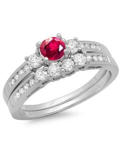 Collection 10K Round Ruby & White Diamond Ladies Bridal Engagement Ring Matching Band Set, White Gold