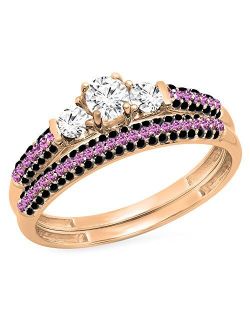 Collection 10K Gold Round White & Pink Sapphire, Black Diamond 3 Stone Bridal Engagement Ring Set