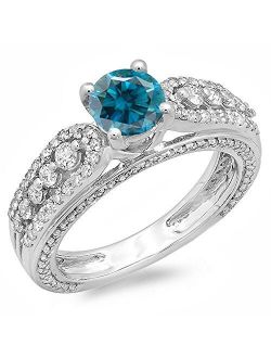 Collection 1.75 Carat (ctw) 14K Gold Round Blue & White Diamond Ladies Vintage Bridal Engagement Ring 1 3/4 CT
