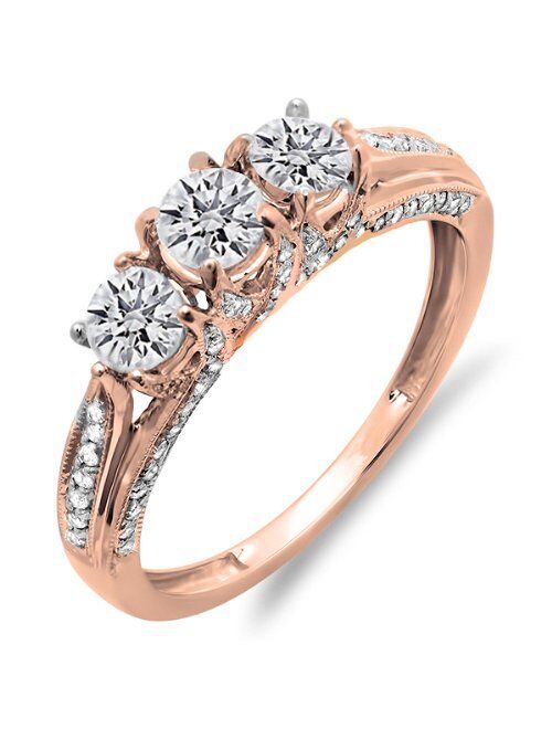 Dazzlingrock Collection 1.00 Carat (ctw) 10k Gold Round Diamond Ladies Vintage Bridal 3 Stone Engagement Ring 1 CT