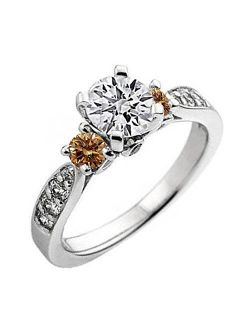 Collection 1.00 Carat (ctw) 14K Gold Round Champagne & White Diamond Ladies 3 Stone Bridal Engagement Ring 1 CT