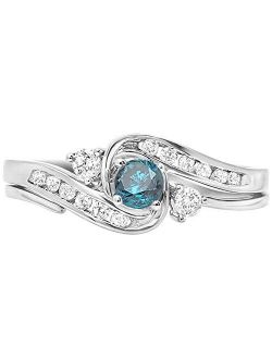 Collection 0.50 Carat (ctw) 18K Gold Round Blue & White Diamond Bridal Engagement Ring Set