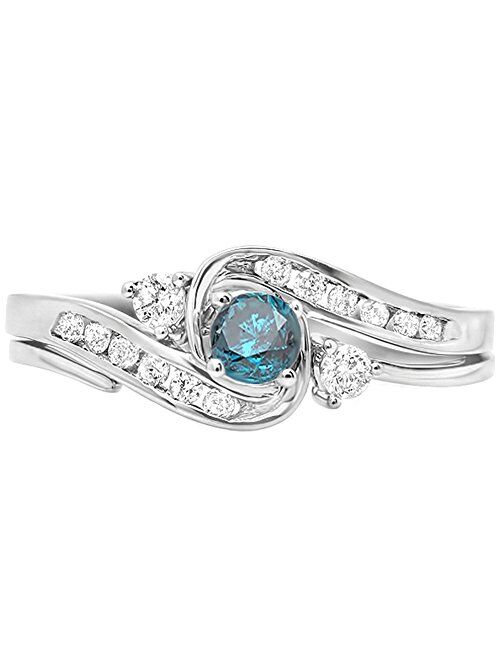 Dazzlingrock Collection 0.50 Carat (ctw) 18K Gold Round Blue & White Diamond Bridal Engagement Ring Set