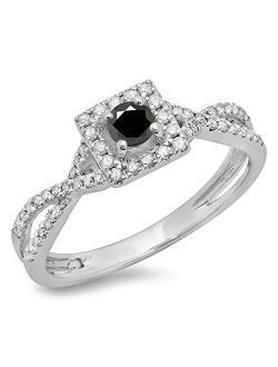 Collection 0.50 Carat (ctw) 14K Gold Black and White Diamond Bridal Swirl Split Shank Halo Engagement Ring 1/2 CT