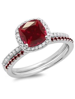 Collection 18K Gold Cushion & Round Cut Ruby & Round Cut White Diamond Ladies Bridal Halo Engagement Ring Set