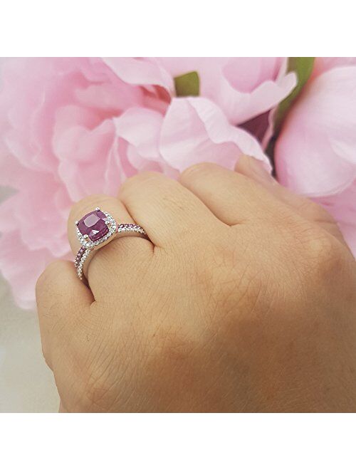 Dazzlingrock Collection 18K Gold Cushion & Round Cut Ruby & Round Cut White Diamond Ladies Bridal Halo Engagement Ring Set