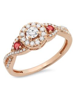 Collection 10K Round Ruby & White Diamond Ladies 3 Stone Swirl Halo Style Vintage Bridal Engagement Ring, White Gold