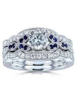 Floral Round Moissanite Double Band Bridal Set and Sapphire 1 CTW 14k White Gold (GH/VS, GH/I, Blue)
