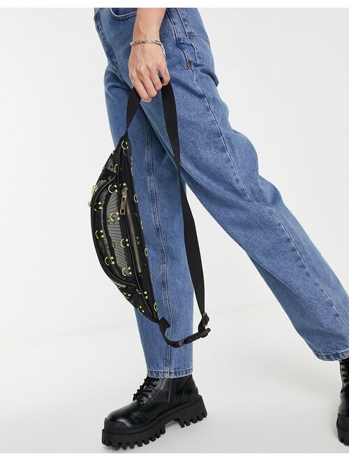 ASOS DESIGN fanny pack in organza with happy face embroidery in black