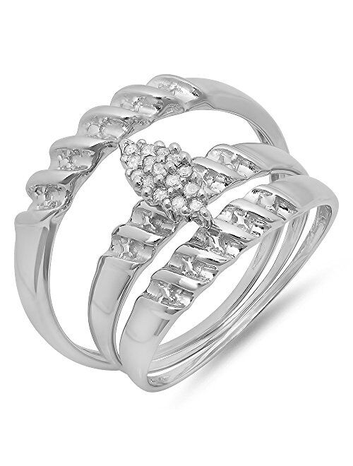 Dazzlingrock Collection 0.11 Carat (ctw) Round White Diamond Men's & Women's Cluster Engagement Ring Trio Set, Sterling Silver