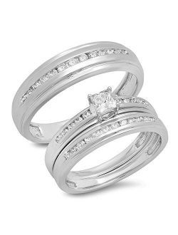 Collection 0.85 Carat (ctw) 10K Gold Princess & Round Cut White Diamond Men & Women's Ring Trio Bridal Set