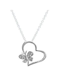Collection 0.15 Carat (ctw) Round Diamond Butterfly Charm Heart Pendant, FREE CHAIN, Sterling Silver