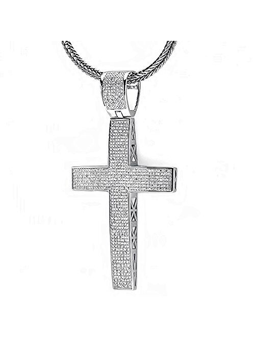 Dazzlingrock Collection 3.00 Carat (ctw) White Diamond Mens Religious Cross Pendant Necklace, Sterling Silver