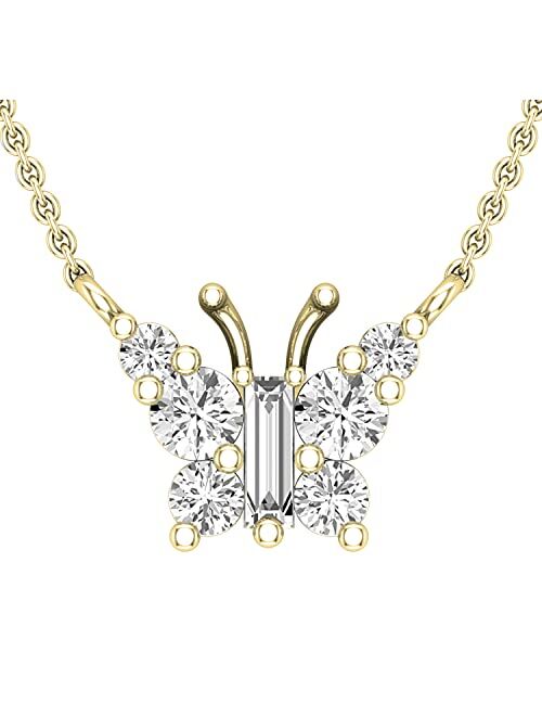 Dazzlingrock Collection 0.50 Carat (ctw) Round & Baguette Diamond Butterfly Pendant for Her 1/2 CT | 14K Yellow Gold | 14.5 inch Chain Plus 1 inch Extension