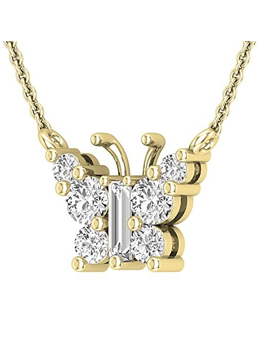 Dazzlingrock Collection 0.50 Carat (ctw) Round & Baguette Diamond Butterfly Pendant for Her 1/2 CT | 14K Yellow Gold | 14.5 inch Chain Plus 1 inch Extension