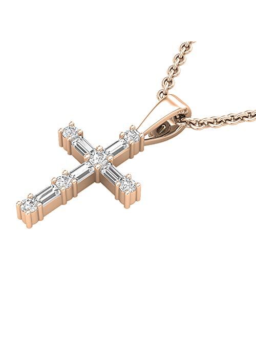 Dazzlingrock Collection 0.25 Carat (ctw) Round & Baguette Lab Grown White Diamond Ladies Cross Religious Pendant 1/4 CT, Available in Metal 10K/14K/18K Gold & 925 Sterlin